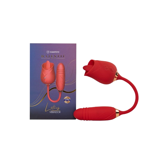 Vibrador doble de silicona rojo en forma de rosa con lengua y bala vibradora flexible junto a su caja.