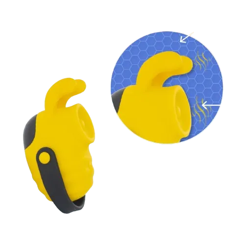 Detalle del cabezal de estimulación por golpeteo del vibrador Bumble Bee amarillo