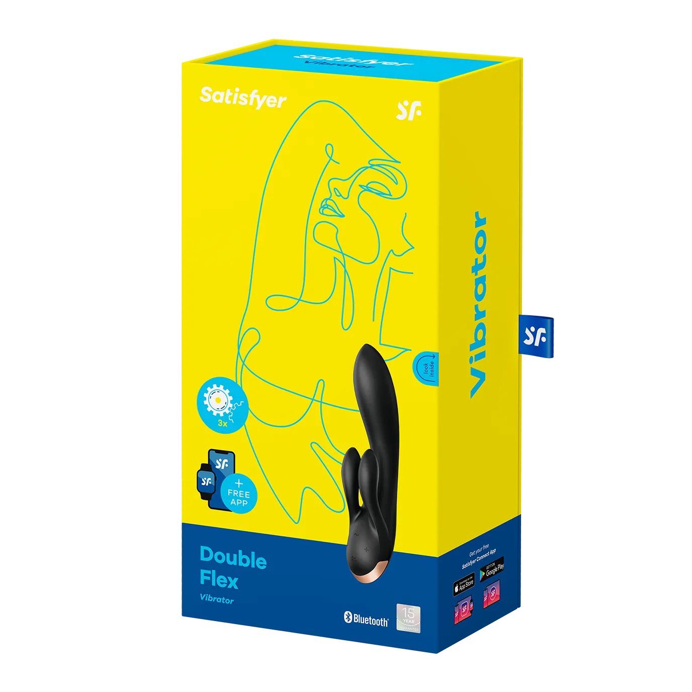 Caja de empaque amarilla y azul del vibrador de doble estimulación, mostrando el producto y la compatibilidad con aplicación. | Sexpecialista Shop