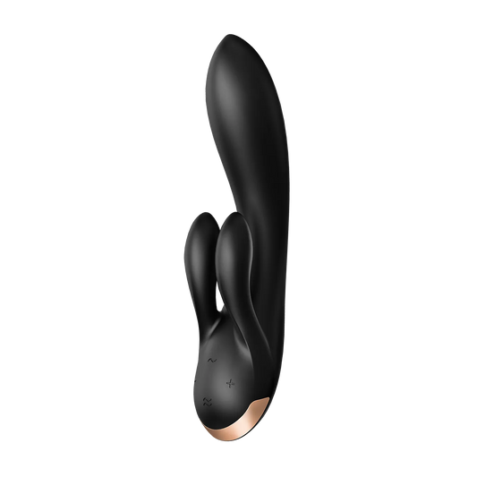 Vibrador negro con diseño ergonómico de doble estimulación para punto G y clítoris, base de color oro rosado. | Sexpecialista Shop