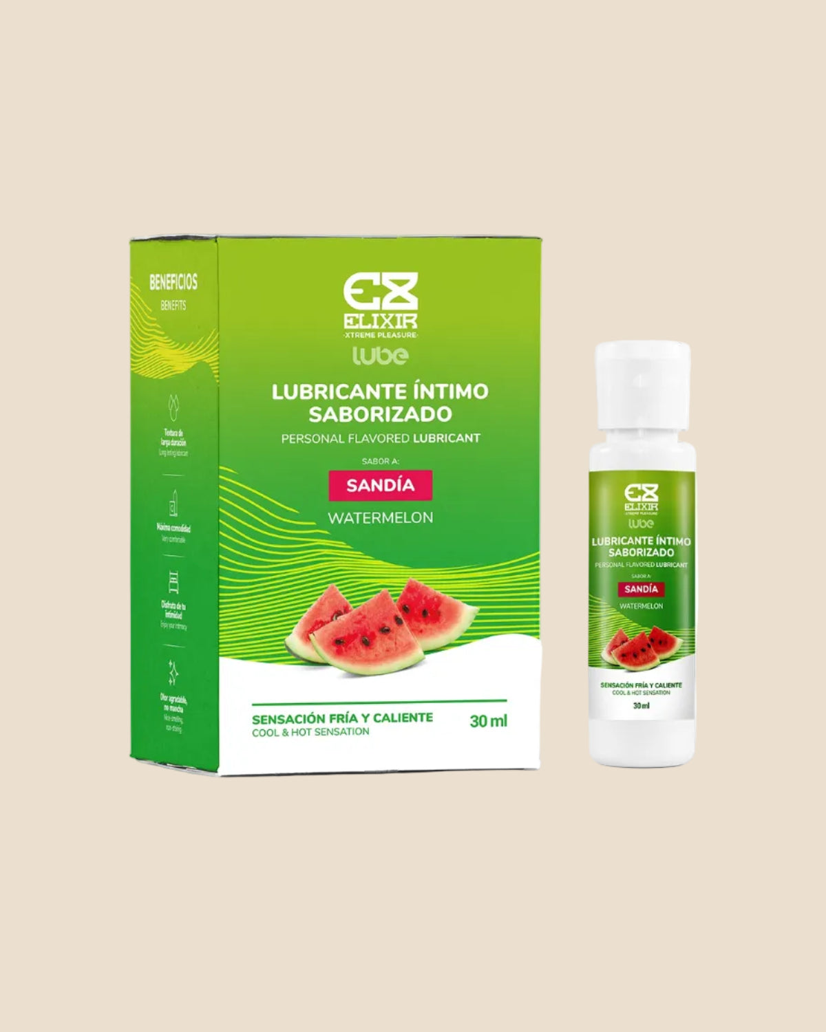 Lubricante saborizado y sensación caliente o frio Elixir